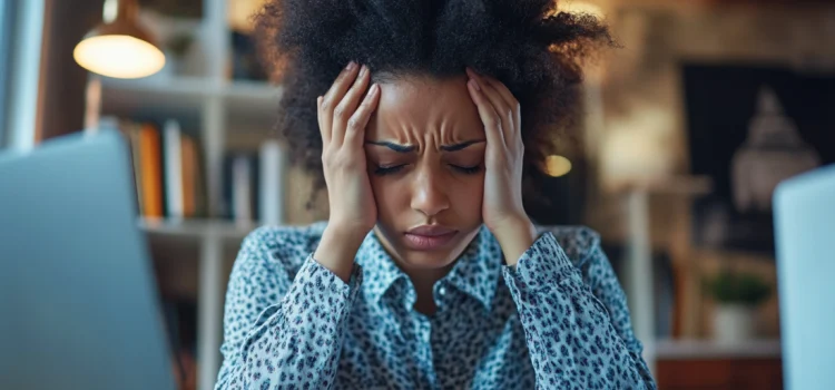 5 ADHD Challenges That Make Normal Tasks Feel Hard A woman struggling to cope with ADHD challenges, holding her head in frustration