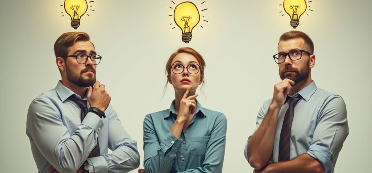 Product Brainstorming: Switch Between These 2 Different Methods Three professional people thinking with light bulbs above their heads illustrates product brainstorming