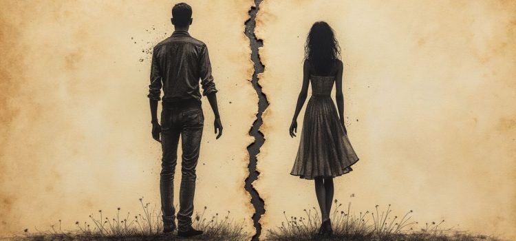 B.B. Easton & Knight (44 Chapters About 4 Men) A sketch of a man and woman, seen from behind, on paper, with a tear (rip) between them