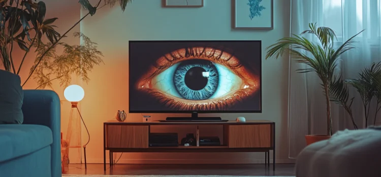 Smart TVs Are Collecting Your Data—and Using It Against You A TV in a living room with an image of an eye on the screen, signifying that smart TVs are collecting data