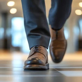 A man wearing business attire walking through a business and using effective leadership strategies