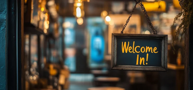 How Retail Environments Affect What You Buy in a Store A sign that says "Welcome In!" on a window peaking into the retail environment of a store