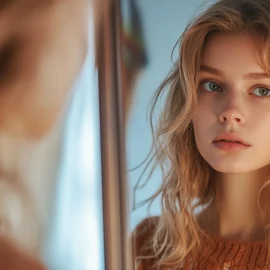 A woman who needs to learn how to manage unrealistic expectations, looking sadly in a mirror