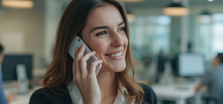 Teresa Torres: Customer Interviews Should Be Story-Based A smiling woman with brown hair conducting customer interviews on a mobile phone in an open workspace