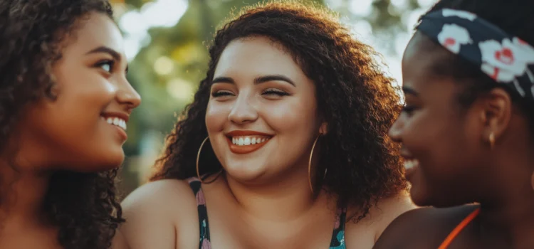 Female Body Positivity: Lindy West Shatters Societal Norms Three women celebrating female body positivity with each other