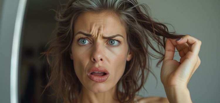 Physical Changes in Midlife: Comfort, Commiseration, & Counsel A woman with a shocked and annoyed expression looking in the mirror at her graying hair depicts physical changes in midlife