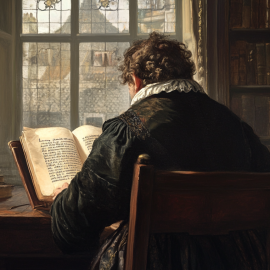 A man, seen from behind, with a book at a desk in 16th-century England illustrates the question, "How did Shakespeare write?"