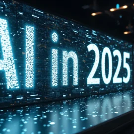 A series of digital screens that, together, say "AI in 2025" illustrates AI predictions for 2025