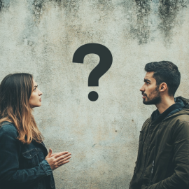 A woman and a man asking good questions in a conversation