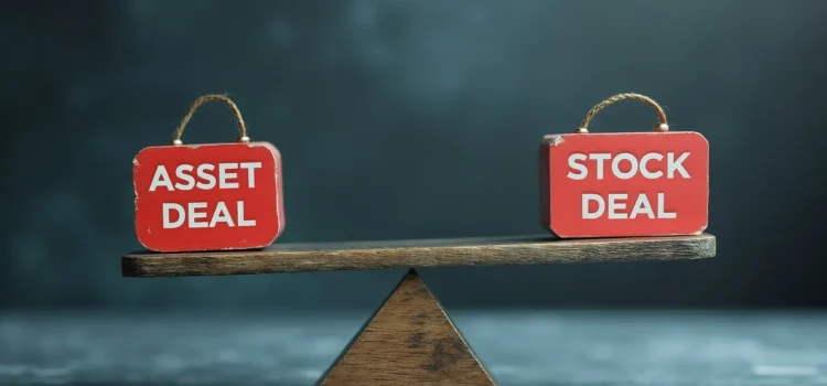 Asset Deal vs. Stock Deal: Weighing the Advantages & Pitfalls A balance scale with "ASSET DEAL" on one side and "STOCK DEAL" on the other illustrates asset deals vs. stock deals