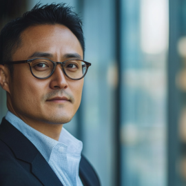 A business leader wearing glasses, wondering what influences our decisions