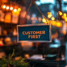 A sign on a window that reads "CUSTOMER FIRST" to show that the business prioritizes customer needs