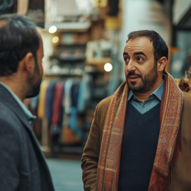 A salesperson getting to know a customer in a coat shop