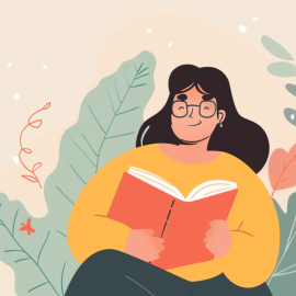 A drawing of a smiling woman with dark hair and glasses reading an orange book with leaves and flowers in the background