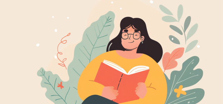 Einzelgänger’s Unoffendable: Book Overview & Takeaways A drawing of a smiling woman with dark hair and glasses reading an orange book with leaves and flowers in the background