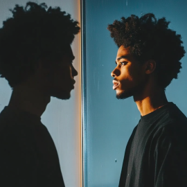 A man evaluating his life by looking at his reflection