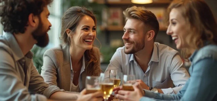 Intrapersonal & Interpersonal Intelligence (Howard Gardner) Two couples talking and laughing at a table in a restaurant illustrate intrapersonal and interpersonal intelligence