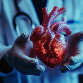 A scientist holding a plastic model of a human heart to represent biological aging