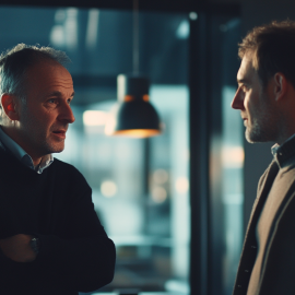 A manager holding an employee accountable by talking to them in the workplace