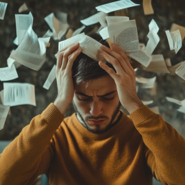 A man holding his head and looking down while papers fly all around illustrates why we forget things (memory failures)