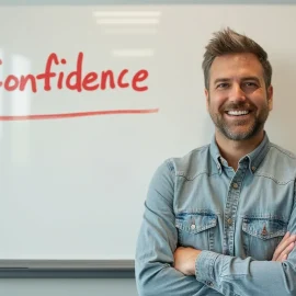 A smiling man standing in front of a whiteboard with the word "Confidence" and a checkmark on it illustrates true confidence