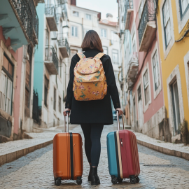 A woman with suitcases in an alley moving from one country to another