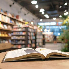 An open book lying on a table in a book store