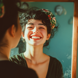 A woman smiling at herself in the mirror and showing compassion to herself