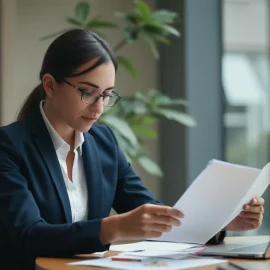 A professional woman reading a document in an office illustrates how to manage an acquisition offer