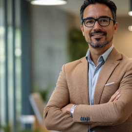A business leader crossing his arms in the workplace who follows agile management practices