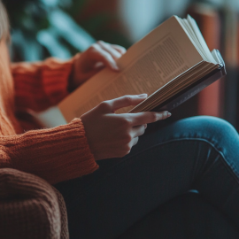 A woman wearing an orange sweater reading a book