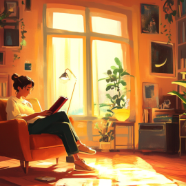 A woman reading a book in a chair at home