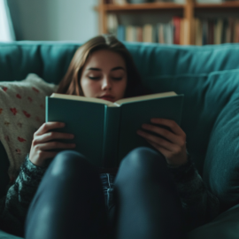 A woman reading a book on a couch
