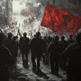 A sketch of a red flag in the midst of a marching army in a dark scene illustrates the dangers of socialism