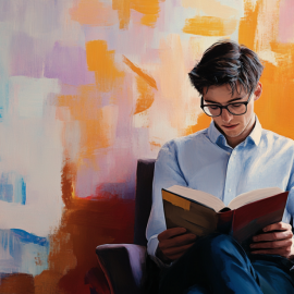 A salesman reading a book in a chair in front of a colorful background