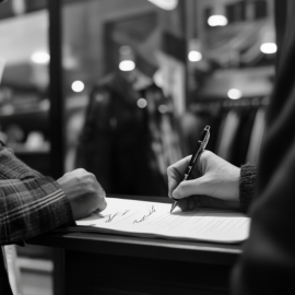 A customer signing paperwork with a salesperson as part of closing a sale