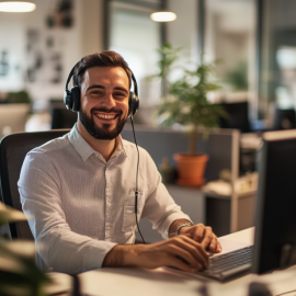 A smiling employee at their desk who has met sales representative requirements