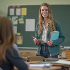 A smiling female teacher in front of her class in a classroom illustrates multiple intelligences in education
