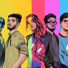 A split screen with seven different people in a cartoon style illustrates various intelligence profiles