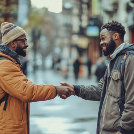 Two men on the street showing how to start a good conversation by shaking hands