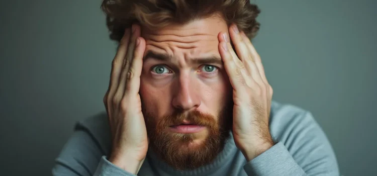 How Does Stress Impact Memory? A Neuroscientist Explains A man with his hands on the sides of his head illustrates the question, "How does stress impact memory?"