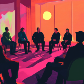 A colorful drawing of silhouetted people in a support group meeting illustrates an eating disorder recovery story