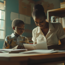 A teacher helping a student with their work as an example of classroom accommodations