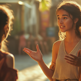 A woman telling a story to another woman, teaching her what makes a good communicator