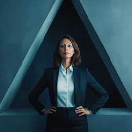 A proud business woman who practices top-down management style standing in front of a triangle