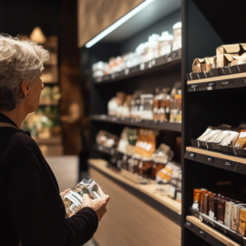 A woman looking at a shelf of products at the store, representing consumer buying motives