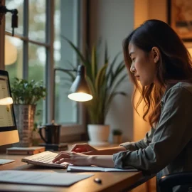 A woman using a desktop computer at a desk in front of a window illustrates the ethical use of AI