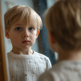 A young boy with blonde hair looking at himself in the mirror illustrates how identity is formed