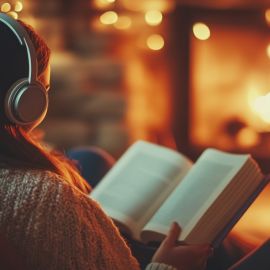 A woman reading a book in front of a fireplace while wearing headphones