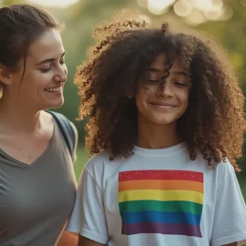A mother and a teenager (who's wearing a T-shirt with a pride flag on it) illustrates parenting exceptional children